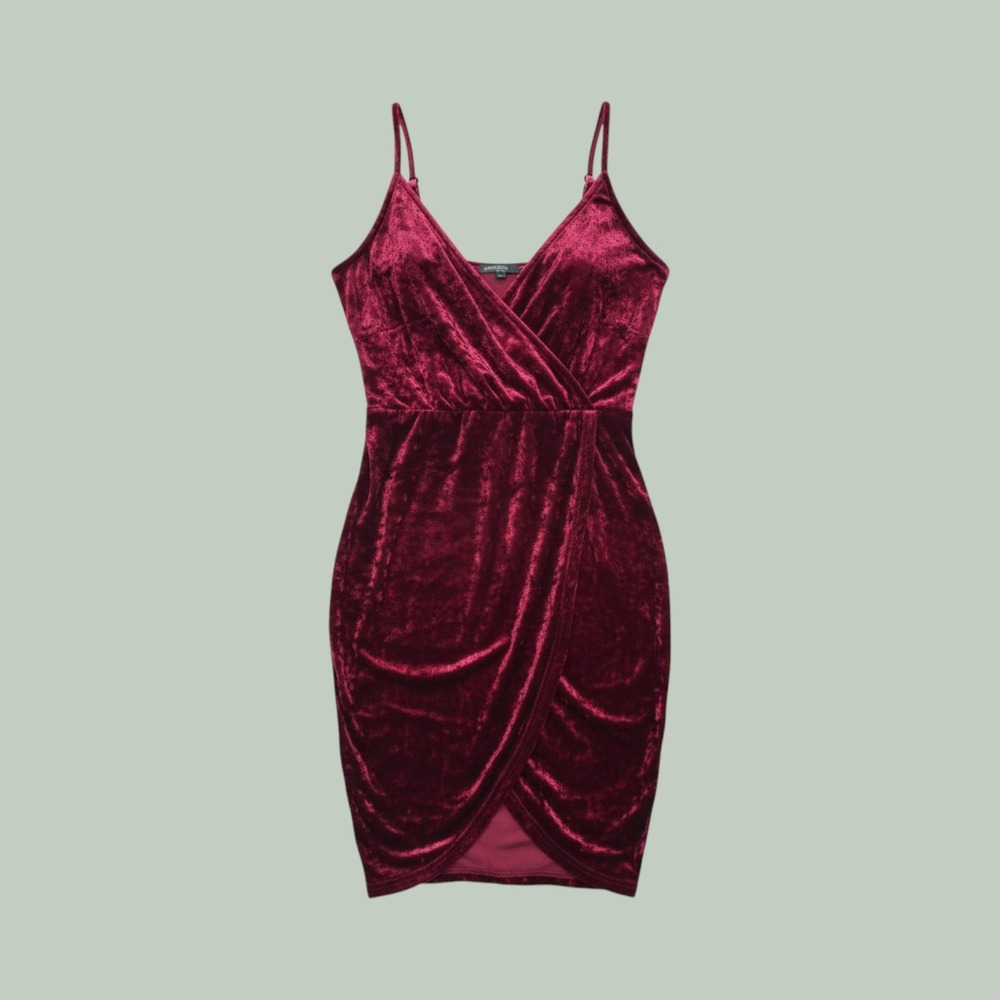 Glam Luxe Crushed Velvet Wrap Midi Dress Women XS Burgundy